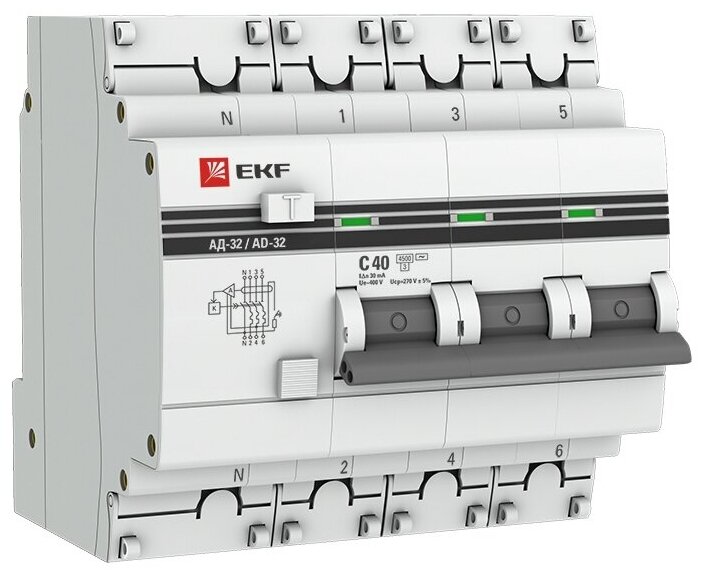 DA32-40-30-4P-pro Дифференциальный автоматический выключатель EKF АД-32 PROxima 3П+N 40А 30мА, тип AC, 4.5кА, C