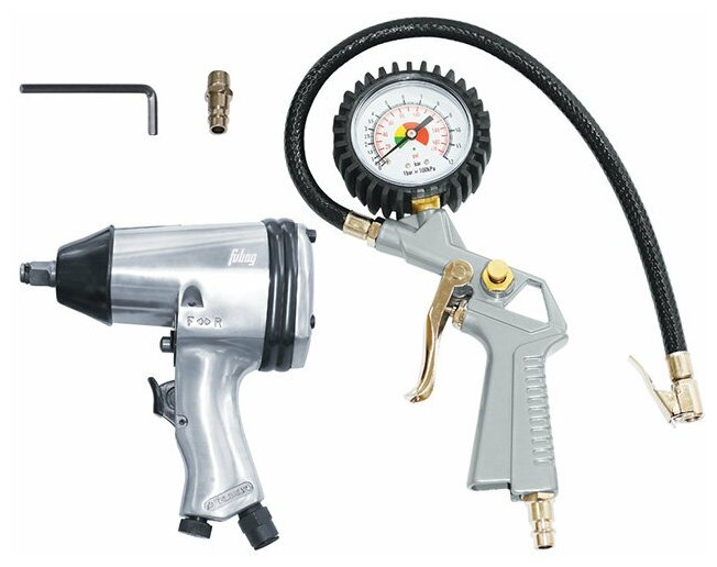 Набор пневмоинструмента, 2 предмета (пневмогайковерт (158л/мин_312н/м_7000об/мин) + пневмопистолет для накачки шин с манометром)