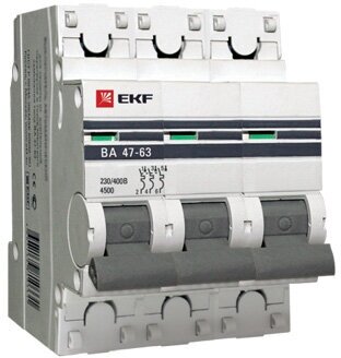 Модульный автоматический выключатель ВА 47-63 PROxima 3 полюса, 16А, х-ка C | код. mcb4763-3-16C-pro | EKF (2шт. в упак.)