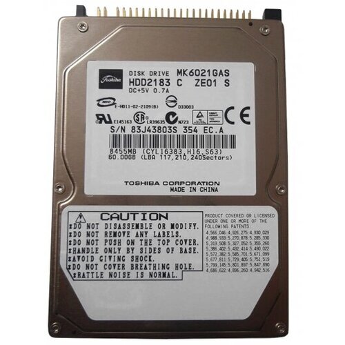 Жесткий диск Toshiba HDD2183 60Gb 4200 IDE 25 HDD 9215₽