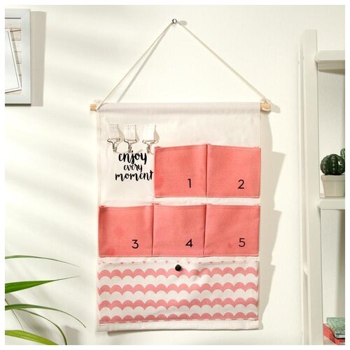 фото Органайзер с карманами доляна подвесной "волна", 6 отделений, 49*35 см, розовый