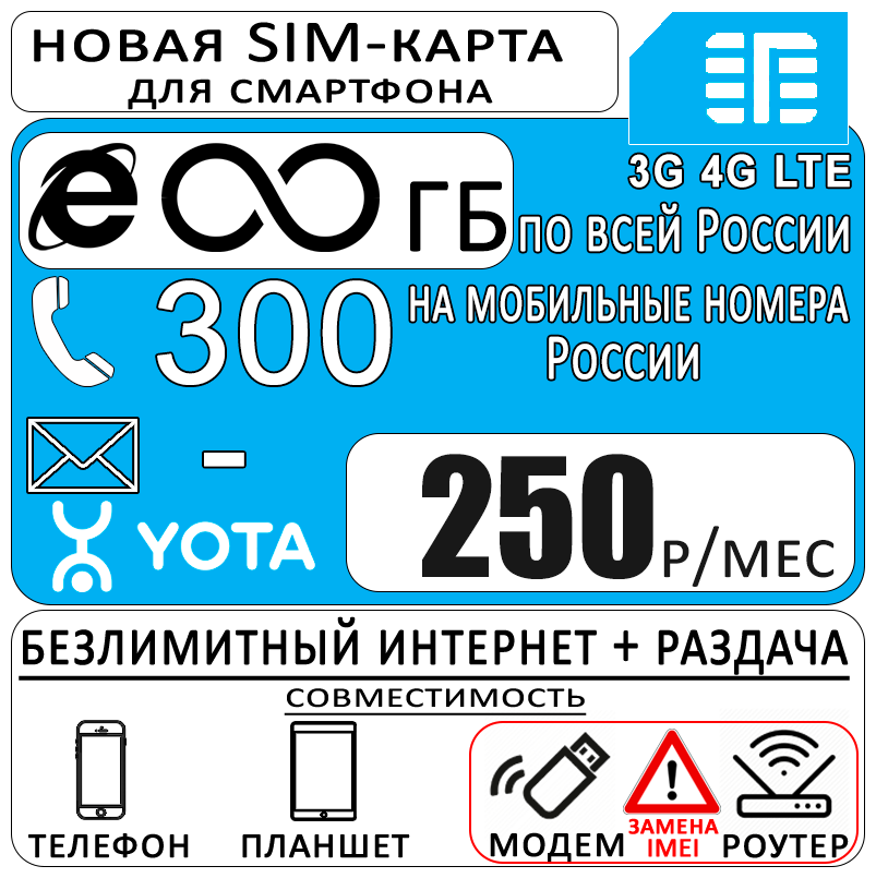 Сим карта Yota для смартфона с безлимитным интернетом и раздачей 300мин за 250р/мес