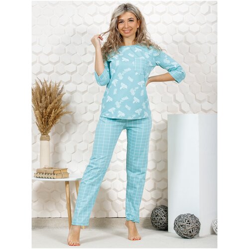фото Комплект buy-tex.ru, лонгслив, брюки, застежка отсутствует, укороченный рукав, пояс на резинке, трикотажная, размер 56, голубой, бирюзовый