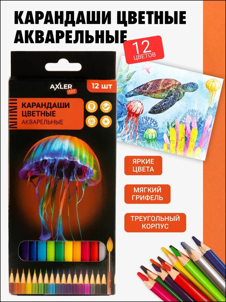 Цветные карандаши акварельные AXLER ART художественные мягкие трехгранные деревянные заточенные для рисования и школы набор 12 цветов