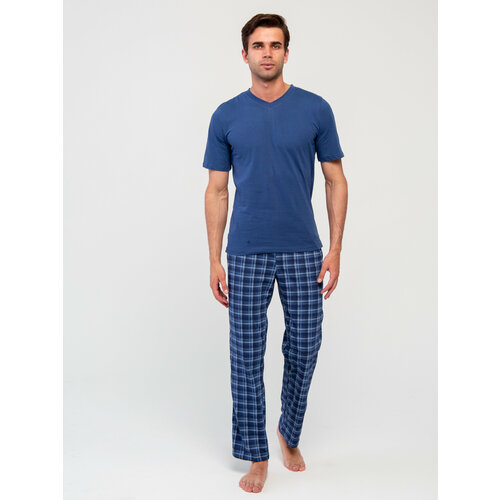 Пижама IHOMELUX, брюки, футболка, карманы, пояс на резинке, трикотажная, размер 62, синий