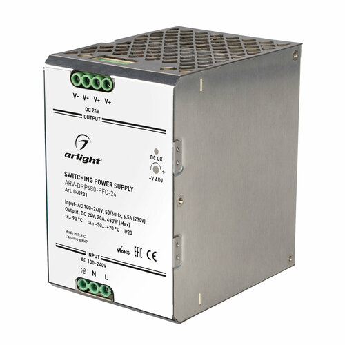 Arlight Блок питания ARV-DRP480-PFC-24 (24V, 20A, 480W) (Arlight, IP20 Металл, 5 лет)