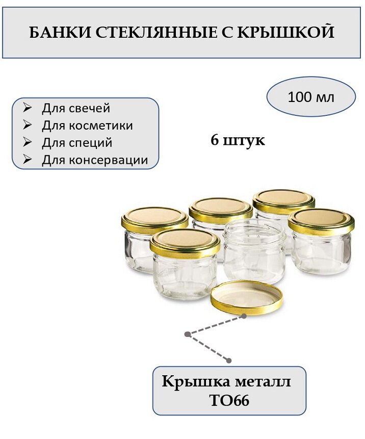 Банка 100 мл стеклянная круглая с металлической крышкой ТО66. Набор 6 шук.