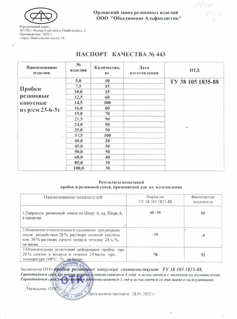 Пробка резиновая конусная черная 60 мм, 75 шт — фото 1