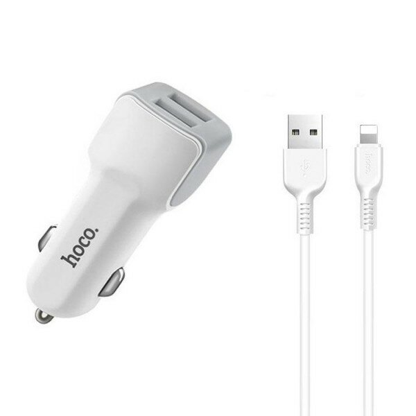 Автомобильное зарядное устройство HOCO Z23 2.4A/2USB + кабель Lighting 8pin белый