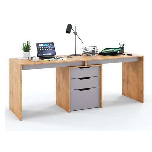 Письменный стол для двоих, двойной, с тумбой, с ящиками Grand Лаворо 180х60х75 см (Дуб бунратти/Вулканический серый)