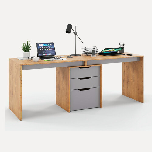 Изображение товара Письменный стол для двоих, двойной , с ящиками Есэндвич Grand Лаворо 200х60х75 см (Дуб бунратти/Вулканический серый)