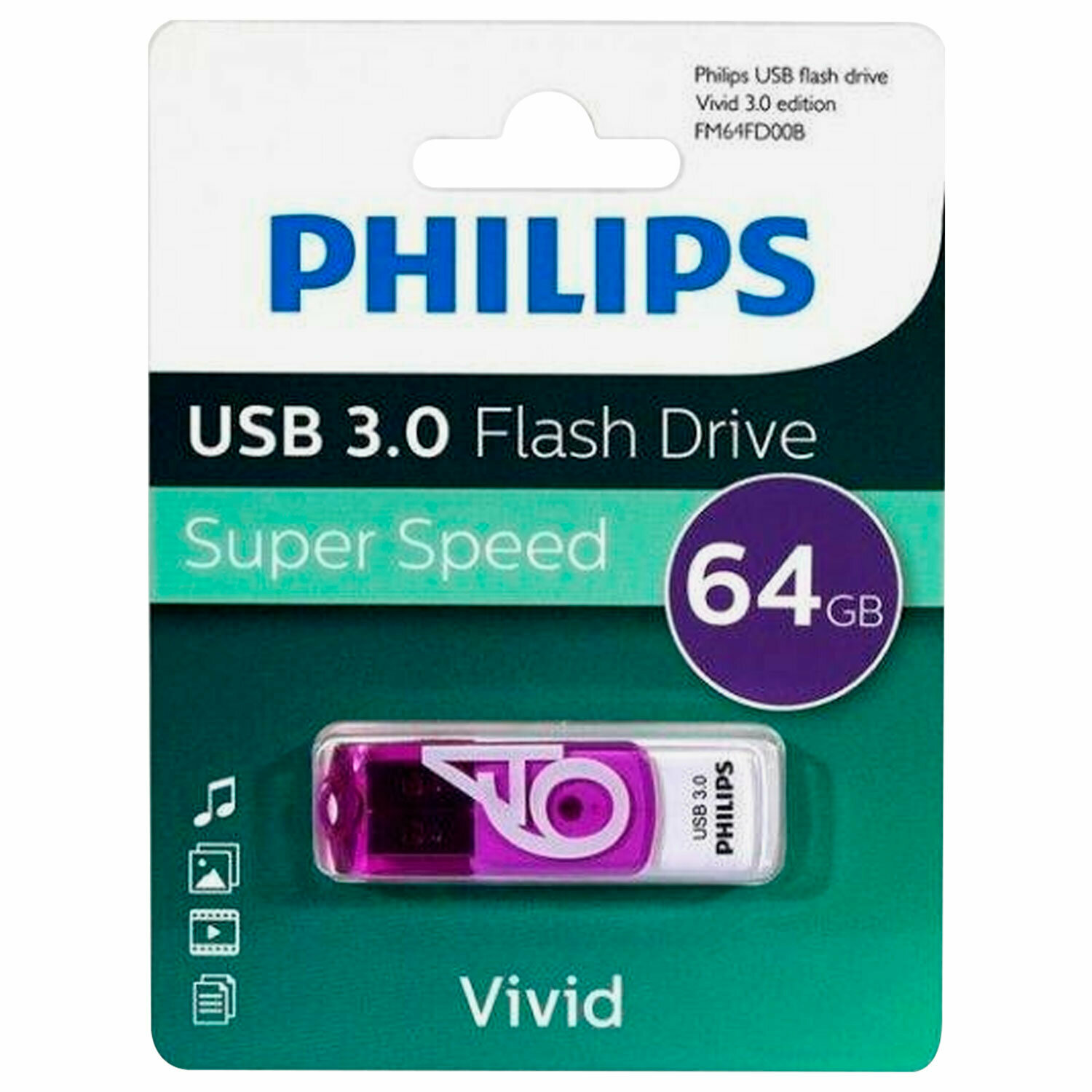 Флеш-диск Philips 64 GB Vivid, разъем USB 3.0, фиолетовый (FM64FD00B/97)