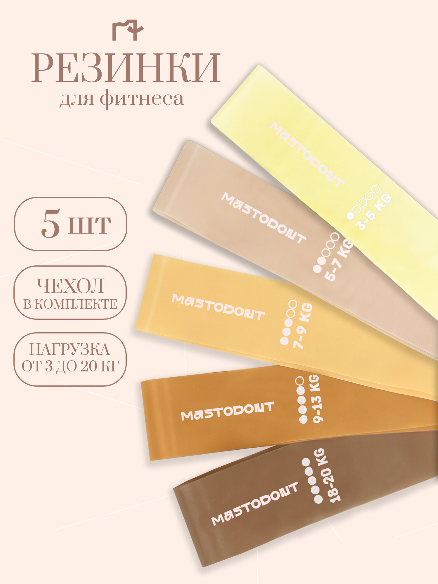 Резинки для фитнеса, фитнес резинки набор 5шт, 3-20 кг, бежевые