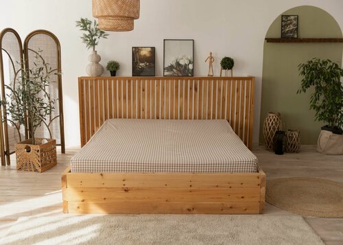 Изображение товара Простынь UTRO из вареного хлопка, Бежевая клетчатая, Односпальная на резинке, 90х200х25