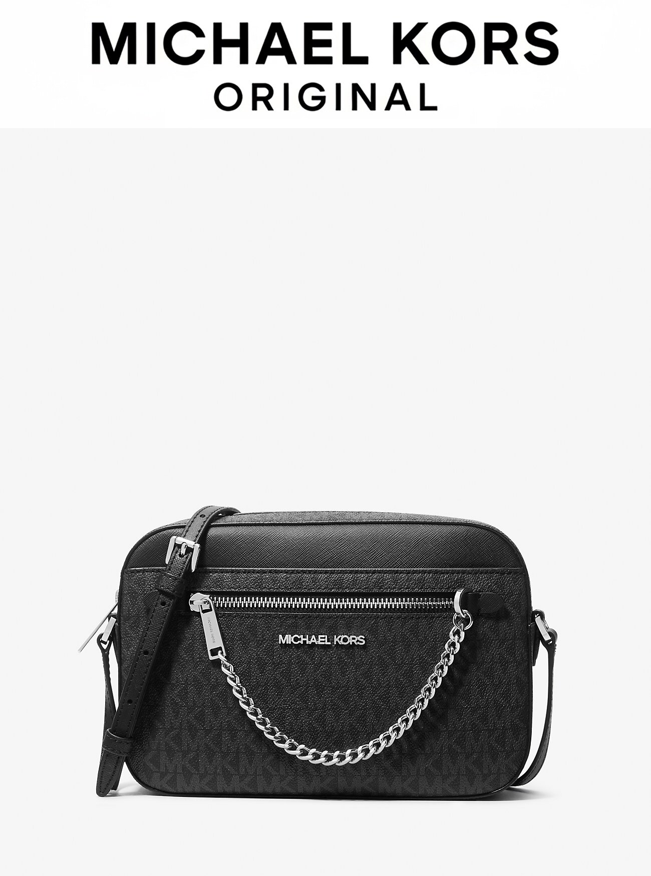 Сумка кросс-боди Женская прямоугольная черная с логотипом и серебряной цепью сумка Michael Kors Outlet Jet Set Large Logo Crossbody Bag Black 35S1STTC9B