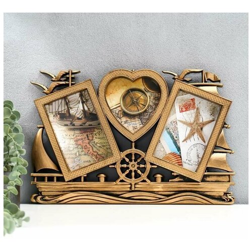 Фоторамка пластик на 3 фото 10х15 12х12 см Корабль тёмное золото 25х40 см 1680₽