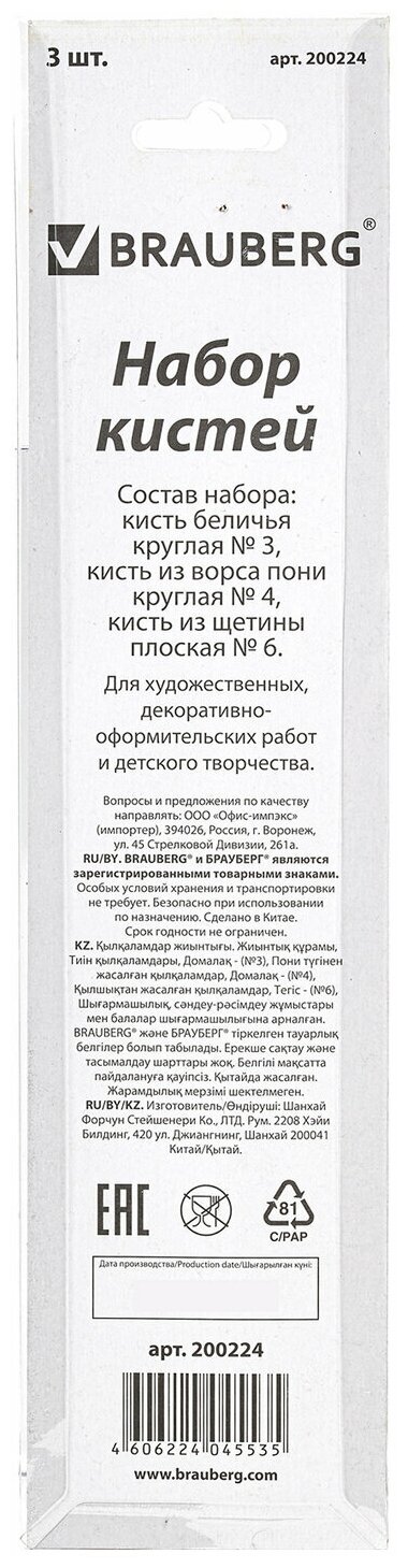 Набор кистей BRAUBERG белка, пони, щетина, с короткой ручкой, №3,4, 3 шт., блистер - фото №4