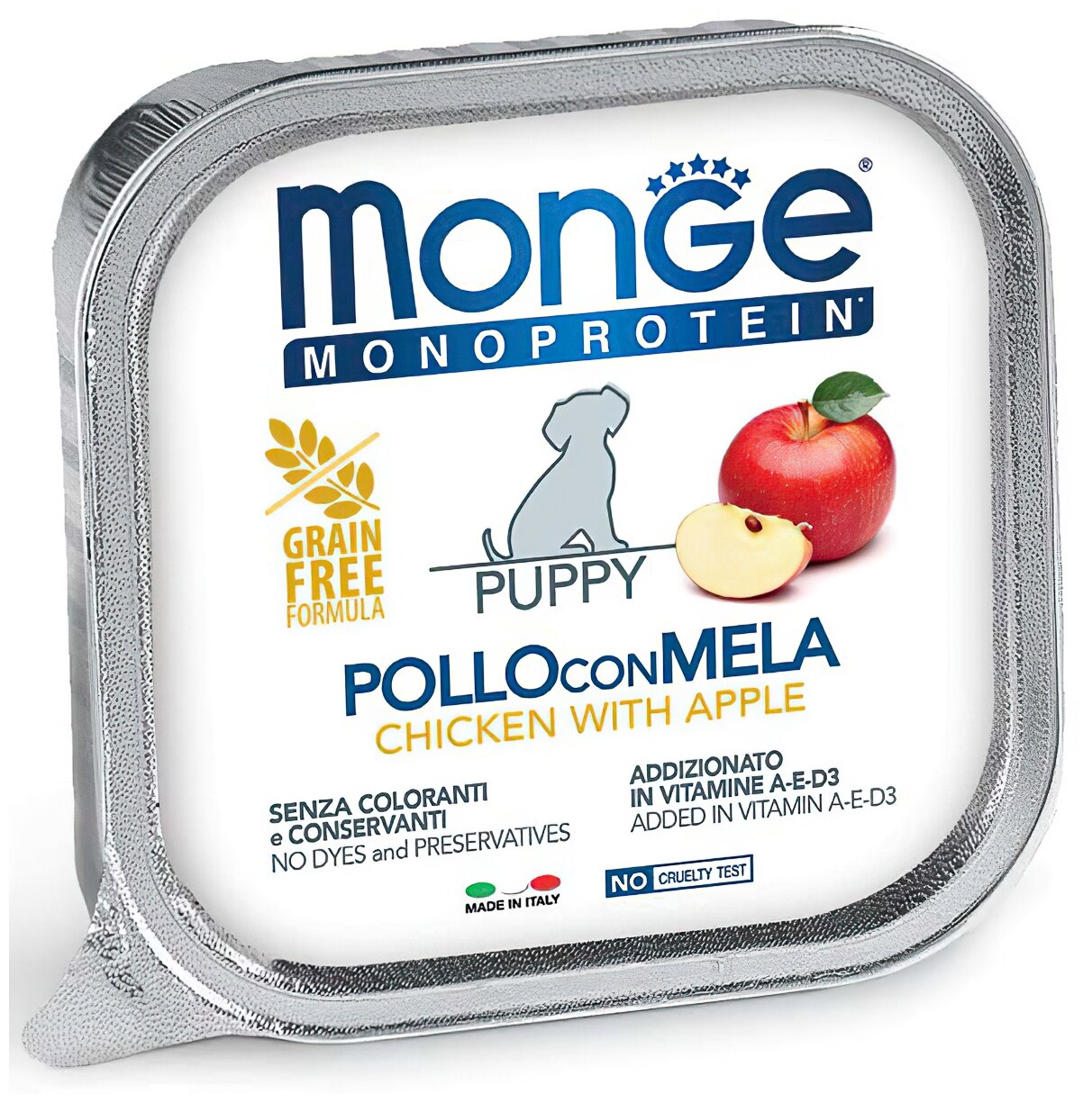 Влажный корм для щенков Monge Dog Monoprotein Fruits Puppy POLLO con MELA, беззерновой, курица, с яблоком, 2 шт. х 150 г