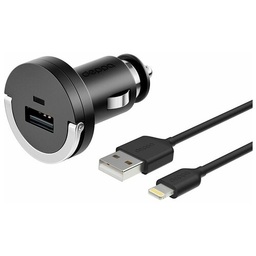 Автомобильное зарядное устройство DEPPA ULTRA USB 1А для Apple Lightning 8-pin, черный автомобильное зарядное устройство deppa 2 usb 2 1а дата кабель micro usb черный 11206