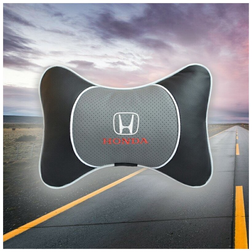 Автомобильная подушка под шею на подголовник из экокожи с серой перфорированной вставкой и вышивкой для Honda