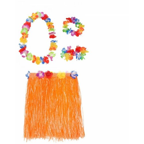 Гавайская юбка оранжевая 40 см, ожерелье лея 96 см, венок, 2 браслета (набор) гавайская юбка разноцветная 80 см ожерелье лея 96 см венок 2 браслета набор