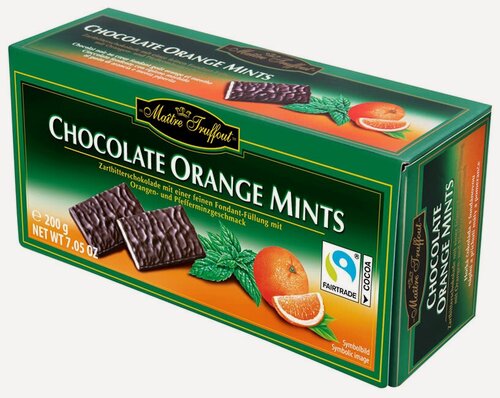 Изображение товара Шоколад Maitre Truffout темный с мятной начинкой и апельсиновым вкусом, порционный, 200 г, 20 шт. в уп.
