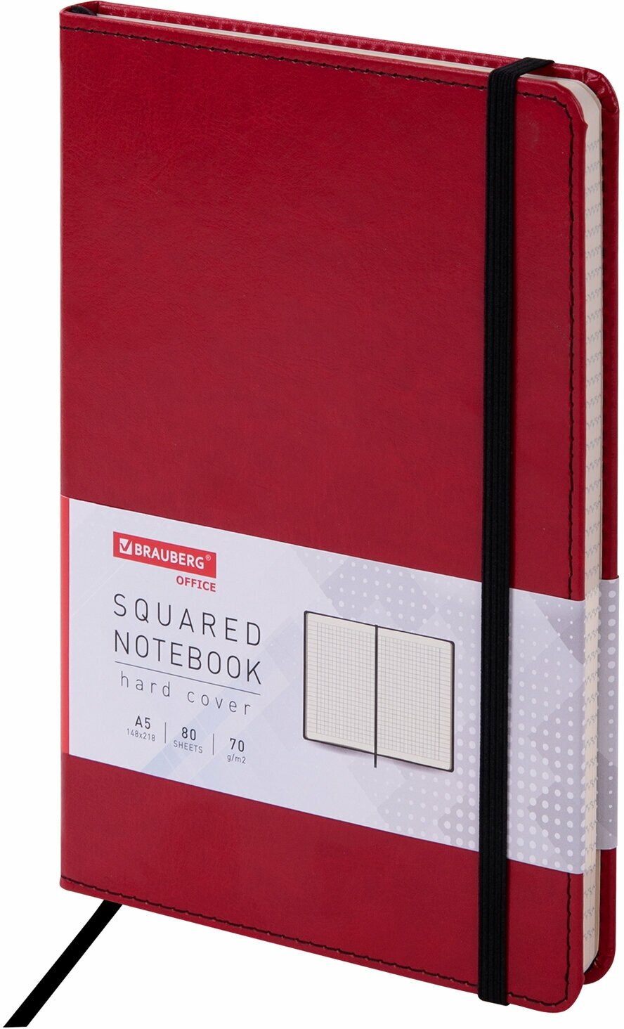 Бизнес-блокнот, записная книжка, тетрадь А5 (148x218 мм), Brauberg Office, под кожу, 80 л., резинка, клетка, красный, 111030