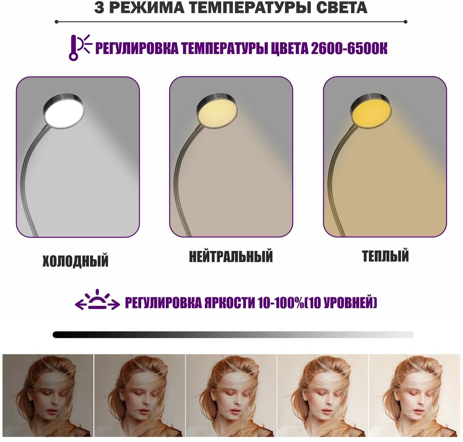 Гибкая настольная лампа SL-06bda на прищепке для горизонтального и вертикального крепления с адаптером питания, чёрная