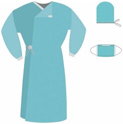 Комплект одежды и белья хирургии одноразовый, стер. КХ "Гекса-04" (халат, маска на резинке, трехслойная, шапочка "Колпак")