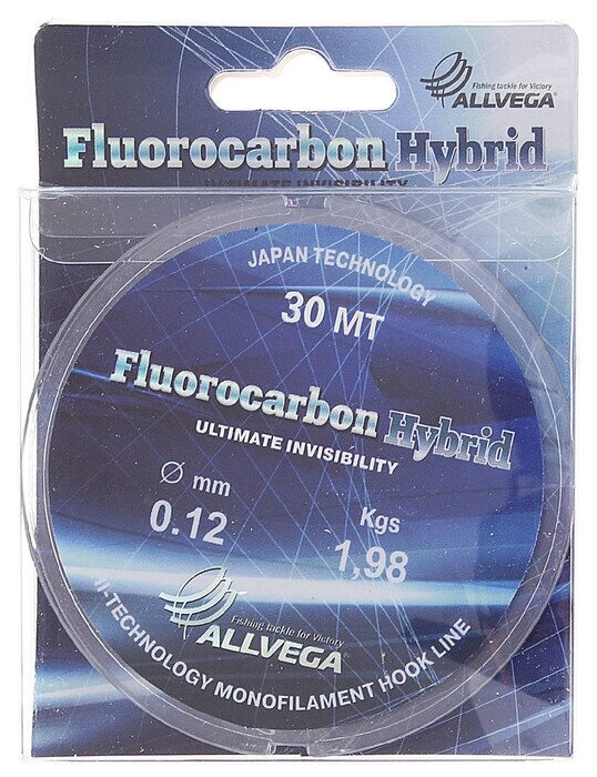 Леска монофильная ALLVEGA "Fluorocarbon Hybrid" 30м 0,12мм, 1,98кг, флюорокарбон 65%