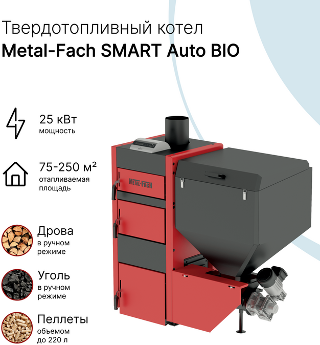 Твердотопливный автоматический котел Metal-Fach SMART Auto BIO 25 кВт (с интернет-модулем)