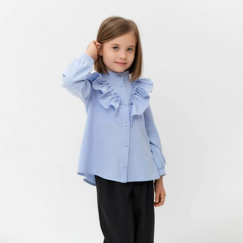 Школьная блуза Minaku, прямой силуэт, на пуговицах, длинный рукав, воланы, однотонная, размер 134, голубой