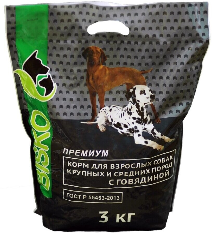 Сухой корм Биско/Bisko премиум с говядиной для взрослых собак крупных и средних пород, 3 кг