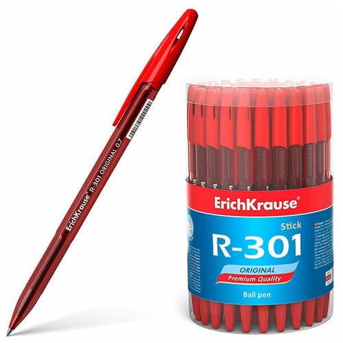 Ручка шариковая ErichKrause® R-301 Original Stick 0.7, цвет чернил красный (в тубусе по 60 шт.)