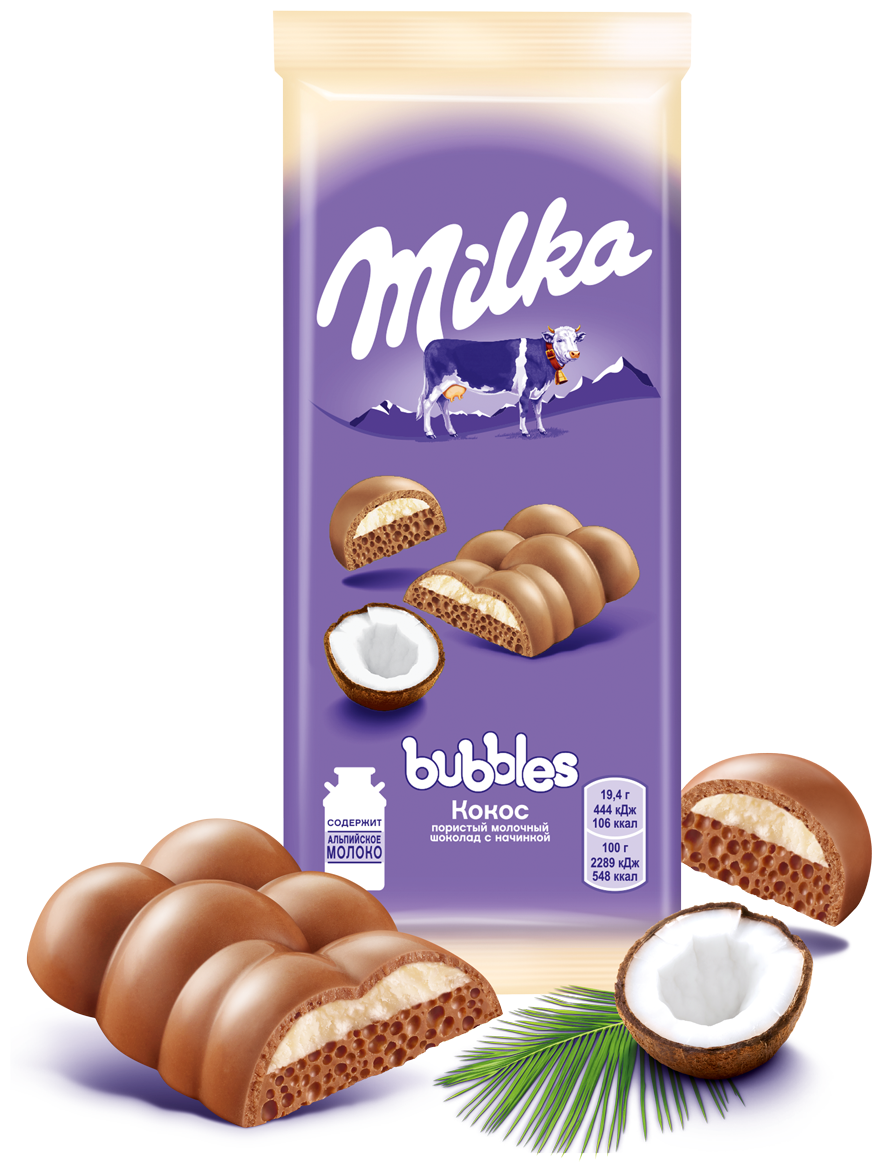 Шоколад Milka Bubbles Молочный пористый c кокосовой начинкой 92г - фото №2