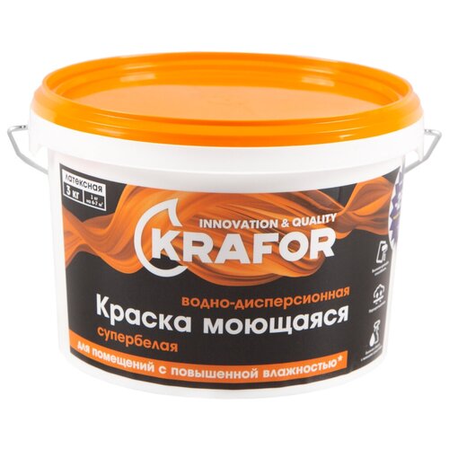 Краска водно-дисперсионная интерьерная моющаяся Krafor, латексная, 3 кг, супербелая краска водно дисперсионная renoton интерьерная моющаяся 14кг