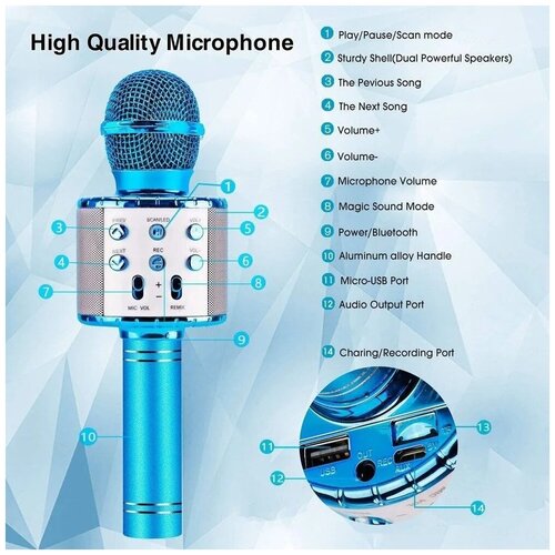 Микрофон беспроводной, голубой портативный беспроводной караоке микрофон со светодиодной подсветкой и функцией записи