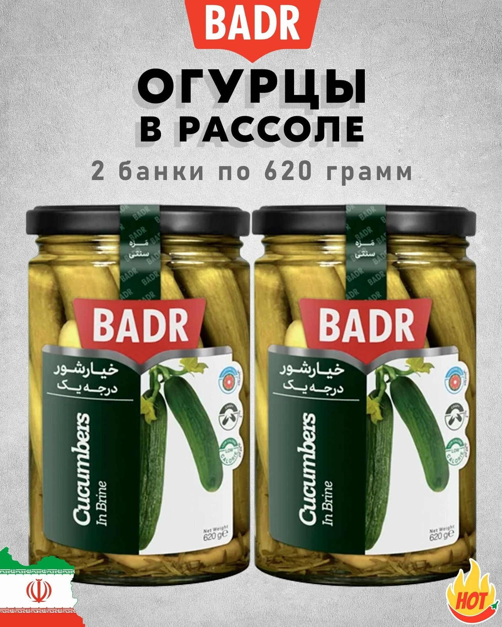 Огурцы в рассоле, острые, Badr, Иран, 2 шт. по 620 г