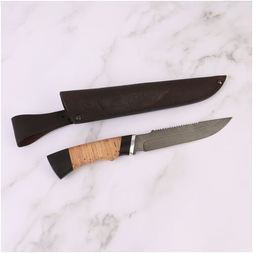 фото Нож туристический "осетр" клинок 14.7 см / дамасская сталь / нож с кожаным чехлом мастерская семина