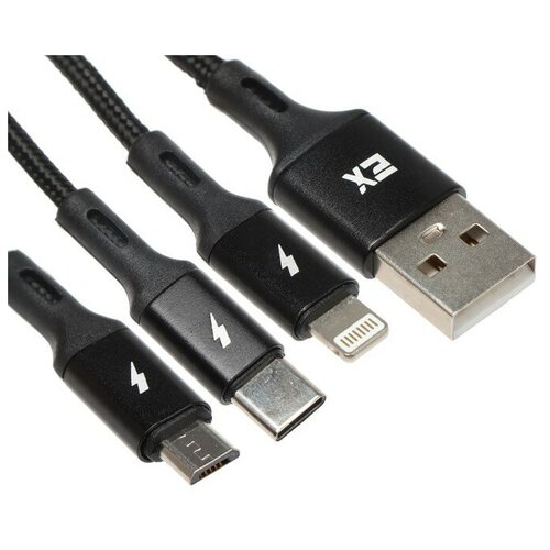 Кабель 3 в 1 Exployd EX-K-1417, USB - microUSB/Lightning/Type-C, 2.4 А, 1.2м, нейлон, черный