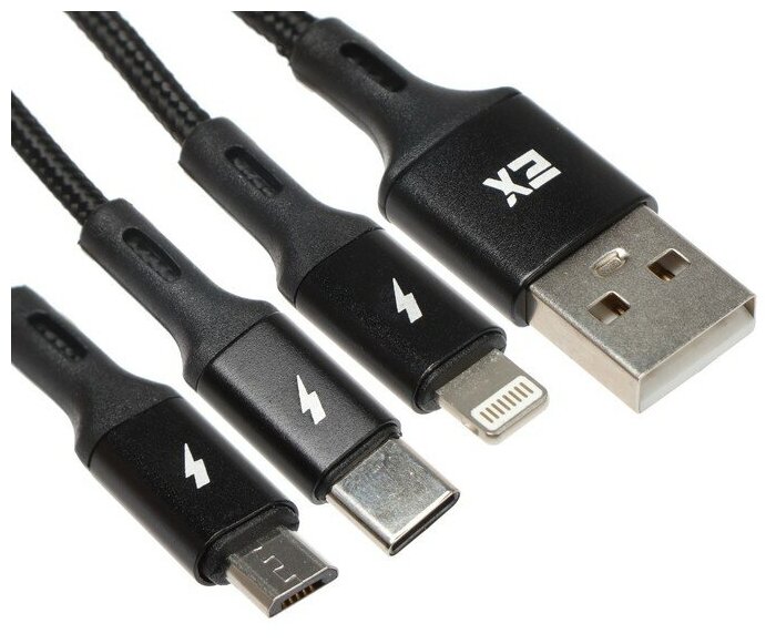 Кабель 3 в 1 Exployd EX-K-1417, USB - microUSB/Lightning/Type-C, 2.4 А, 1.2м, нейлон, черный 9449546 - фотография № 1