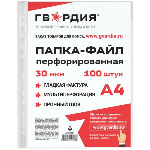 Папки-файлы перфорированные гвардия, А4, комплект 100 шт, гладкие, 30 мкм, 227524
