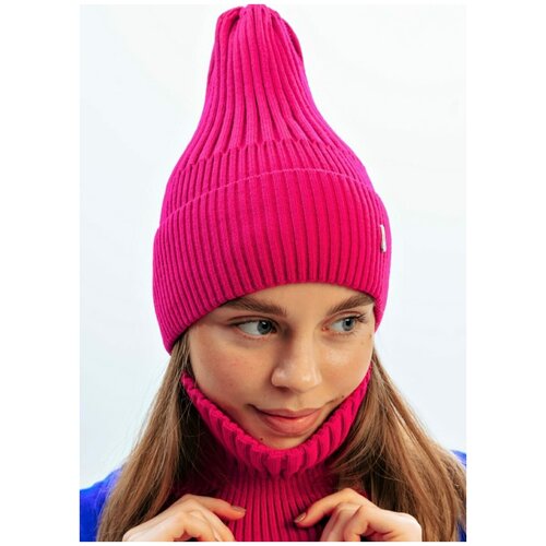 Комплект шапка и снуд женский подростковый бини тыковка вязаный с отворотом однотонный, размер 50-58, цвет фуксия