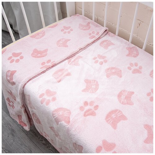 фото Плед-покрывало в детскую кроватку, вселенная текстиля, велсофт стриженный, розовые кошки, 100х150 см