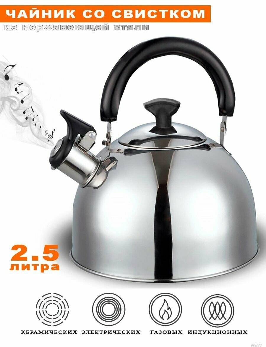Чайник для плиты со свистком 2,5 л, чайник для всех видов плит, чайник из нержавеющей стали.