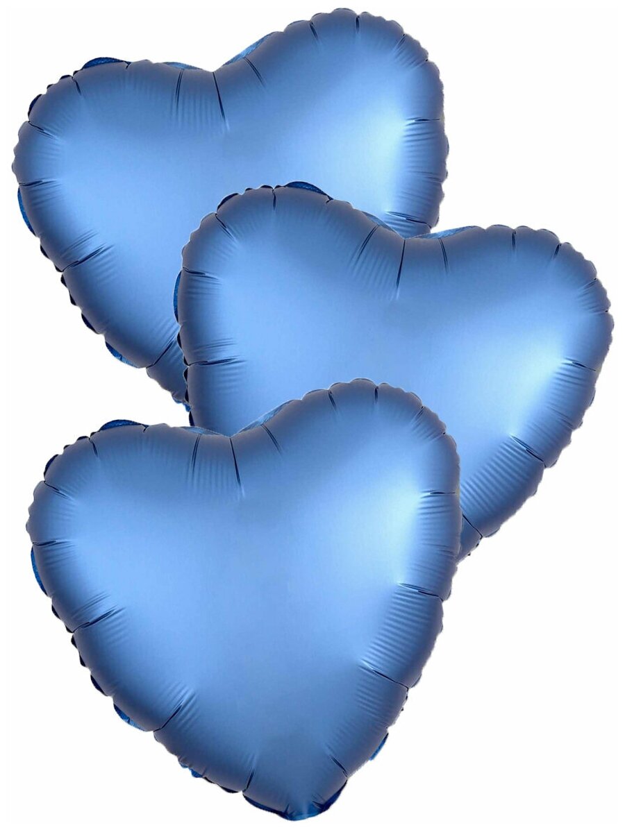 Воздушные шары фольгированные Agura Сердца, Сатин, Синий, 46 см, набор 3 шт