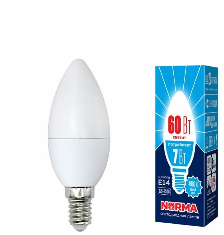 Лампа светодиодная 7W LED-С37-7W/NW/E14/FR/NR свеча белый матовая 4000К NORMA VOLPE UNIEL - фотография № 1