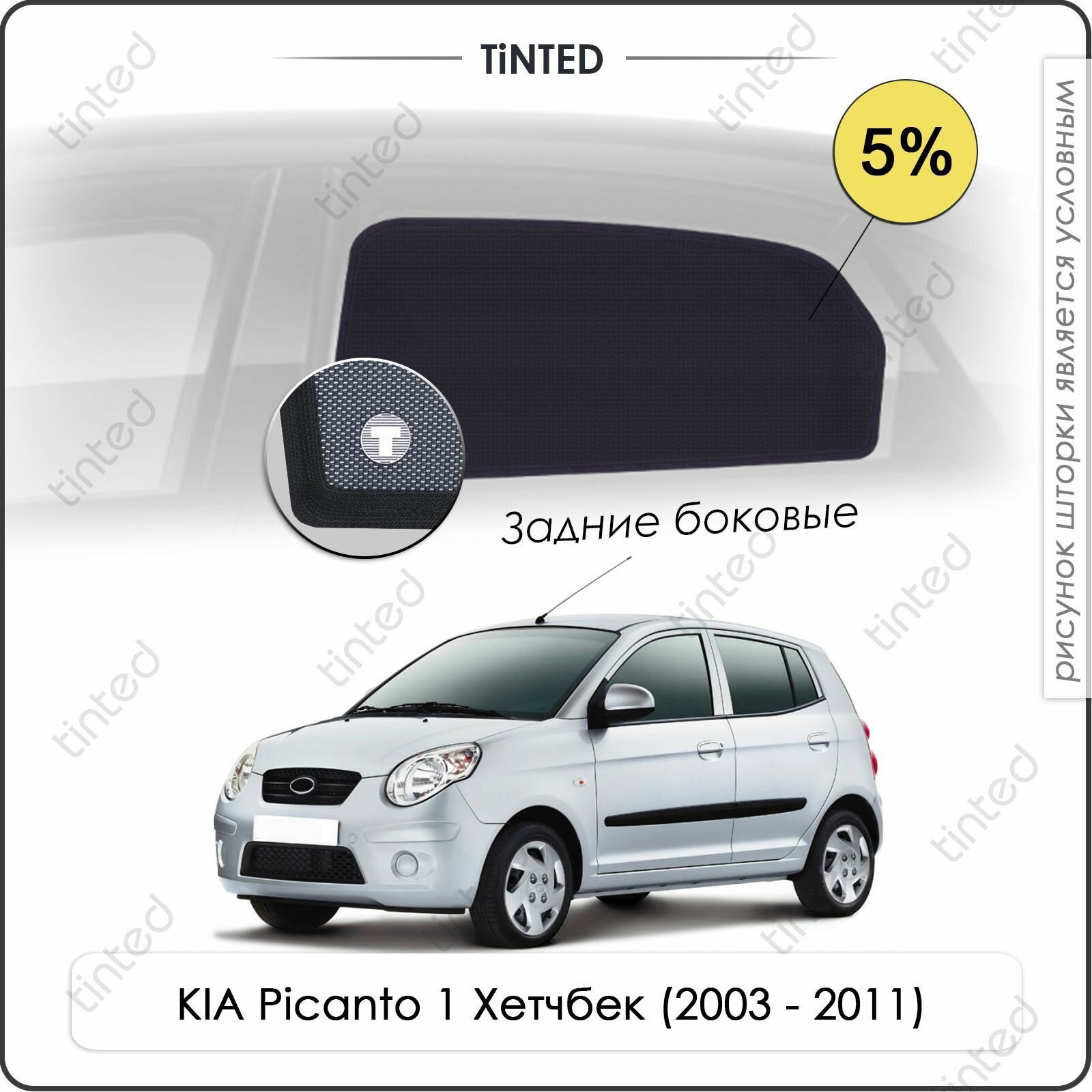 Шторки на автомобиль солнцезащитные KIA Picanto 1 Хетчбек 5дв. (2003 - 2011) на задние двери 5% сетки от солнца в машину КИА пиканто Каркасные автошторки Premium