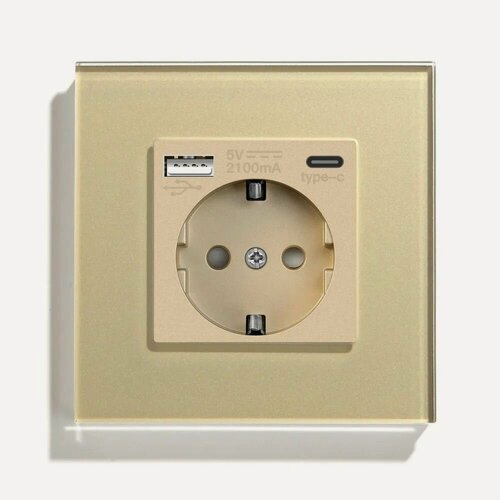 Изображение товара Розетка электрическая 1 пост АC, зарядка 10W, стекло 86х86 мм, цвет золотой