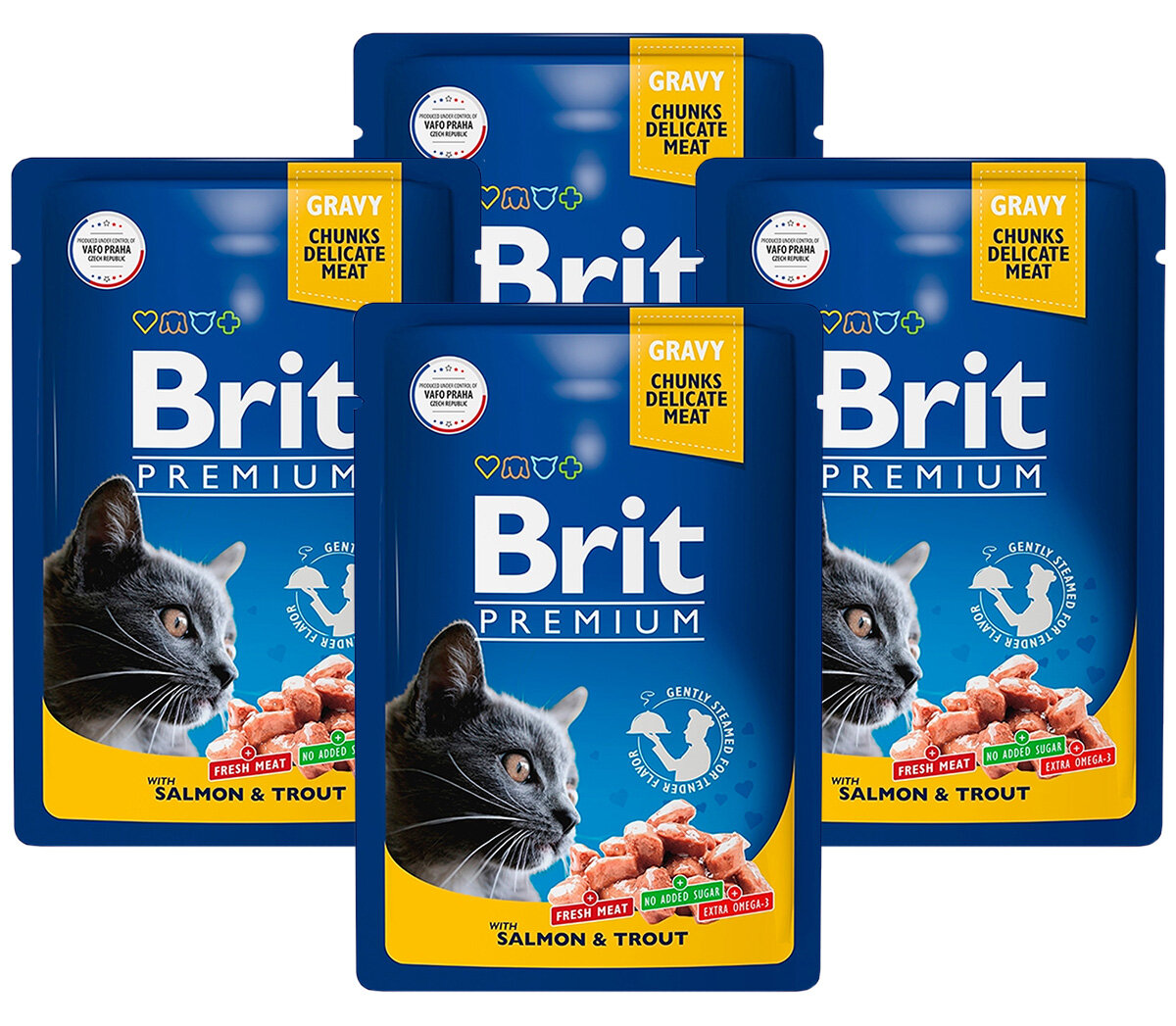 BRIT PREMIUM CAT WITH SALMON & TROUT для взрослых кошек с лососем и форелью в соусе пауч 85 гр 85 гр х 4 шт